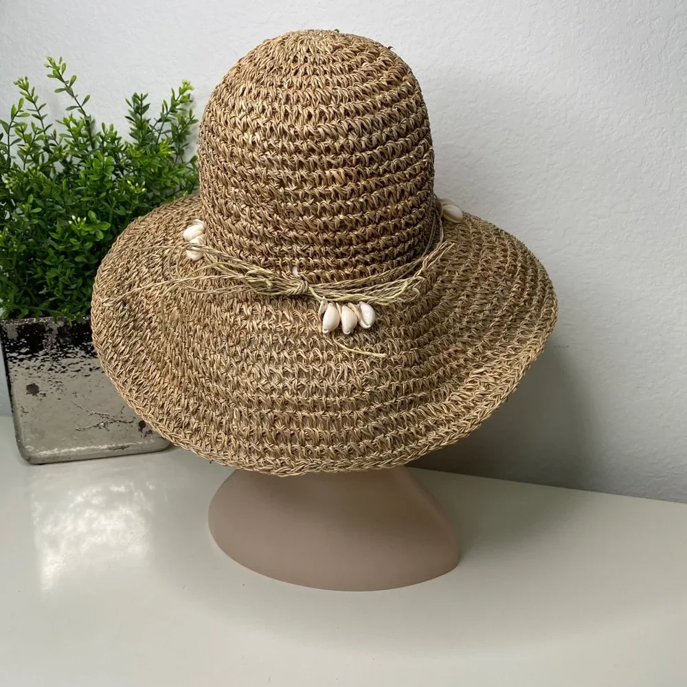 Sun N Sand Straw Sun Hat Seashells Boho Beach‎ Vacation Floppy Wide Brim